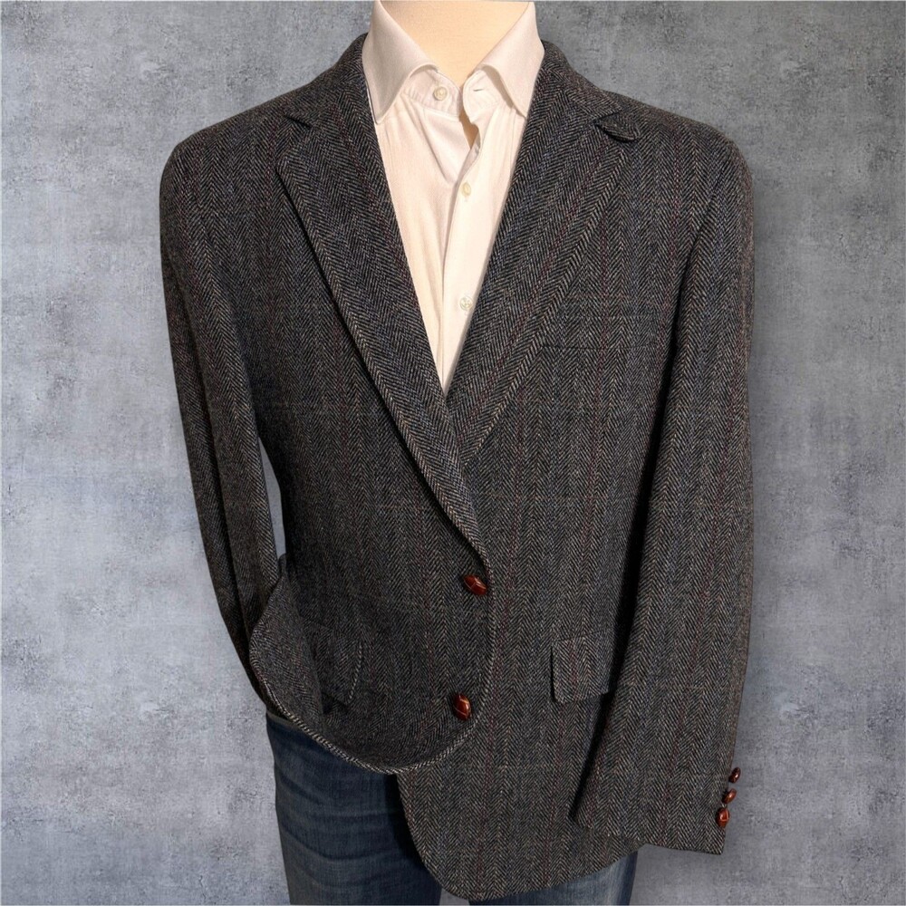 Vintage TWEED WOOL Men Blazer 44R Sport Coat Jacket Gray Made in USA Herringbone